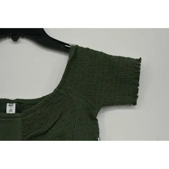 BP Womens Smocked Off the Shoulder Top Short Sleeve Stretchy Knit Cotton Green L - Picture 4 of 6